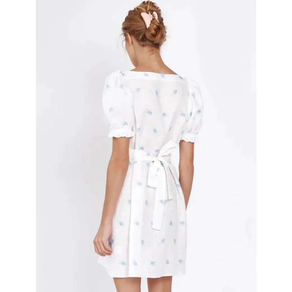 Sleeper Brigitte Linen Mini Dress in Linum Tie Waist Puff Sleeve Blue Floral M
